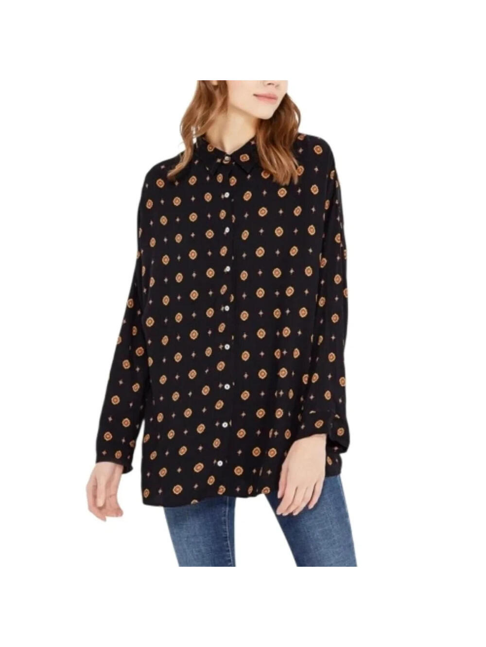 Free People Black Orange Medallion Button-Front Collared Shirt Top Oversized S